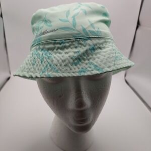 Women's Eddie Bauer floral bucket hat in mint green with aqua blue leaf floral